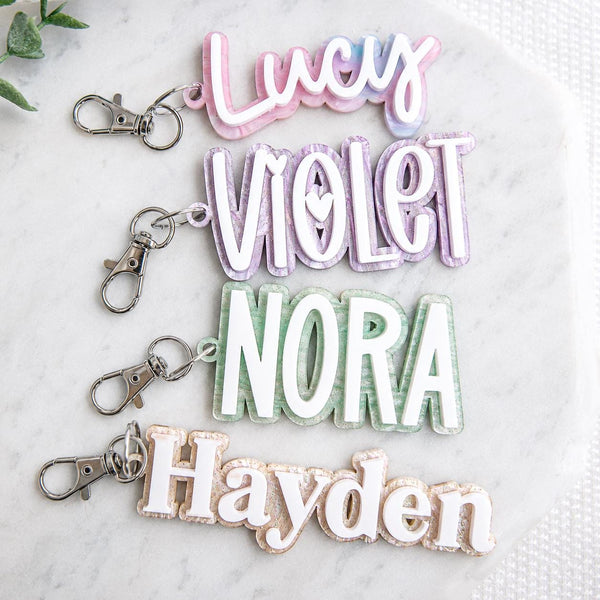 Personalized Backpack Name Tag, Kids Name Keychain, Custom Acrylic Bag Tag, Glitter Backpack Charm, Daycare Lunch Bag Tag