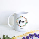Floral Wreath Married Mrs. Mug #2 Custom Name - White Ceramic Mug