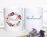 Autumn Red Floral Bridesmaid with Custom Name - White Ceramic Mug