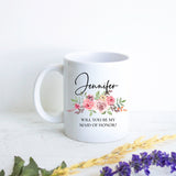 Pink Floral Bridesmaid Custom Name and Date - White Ceramic Mug