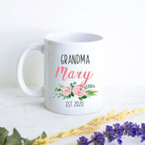 Pink Floral Personalized Grandma Name EST - White Ceramic Mug