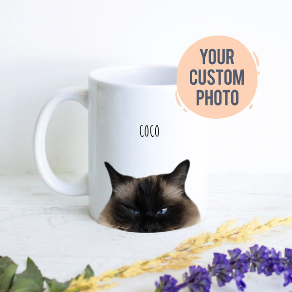 Custom Cat Photo Peeking Out - White Ceramic Mug