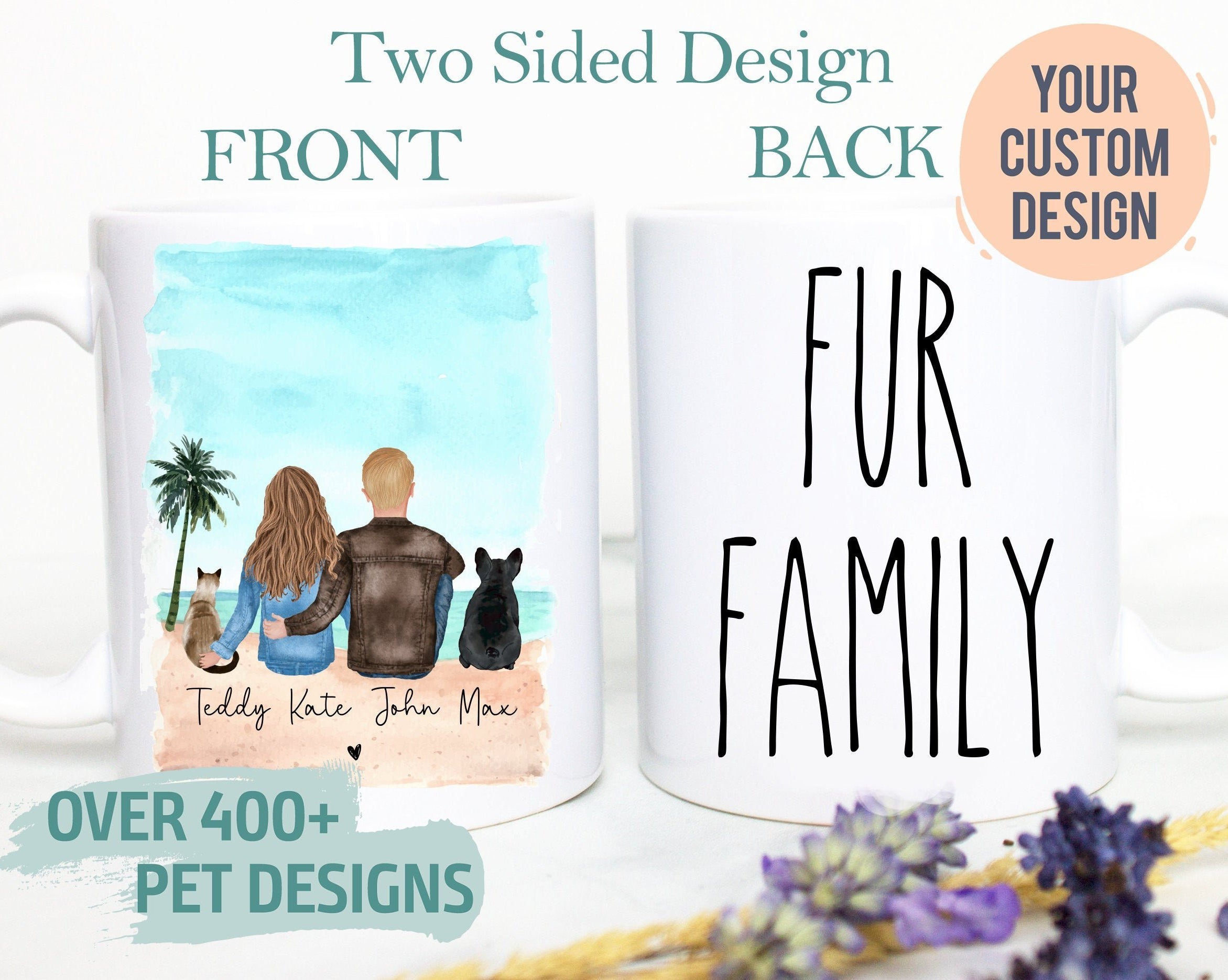 Custom Couple Pet Portrait Mug #2, Fur Family, Cat Dog Lover Dog Mom Dad, Pet Owner Gift, Cat Lady, Pet Memorial Loss, Cat Dog Family Gift