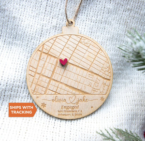 First Christmas Engaged Ornament | Engagement Map Keepsake, Couples Ornament, Personalized Engagement Ornament, Custom Engagement Map Gift