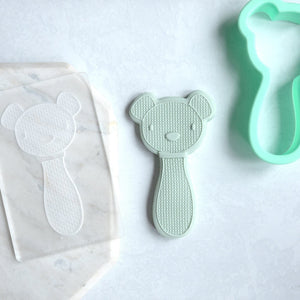 Bear Rattle - Acrylic Fondant Embosser With Optional Cutter | Bear Cookie Stamp, Baby Shower Fondant Embosser, Baby Shower Cookie Cutter